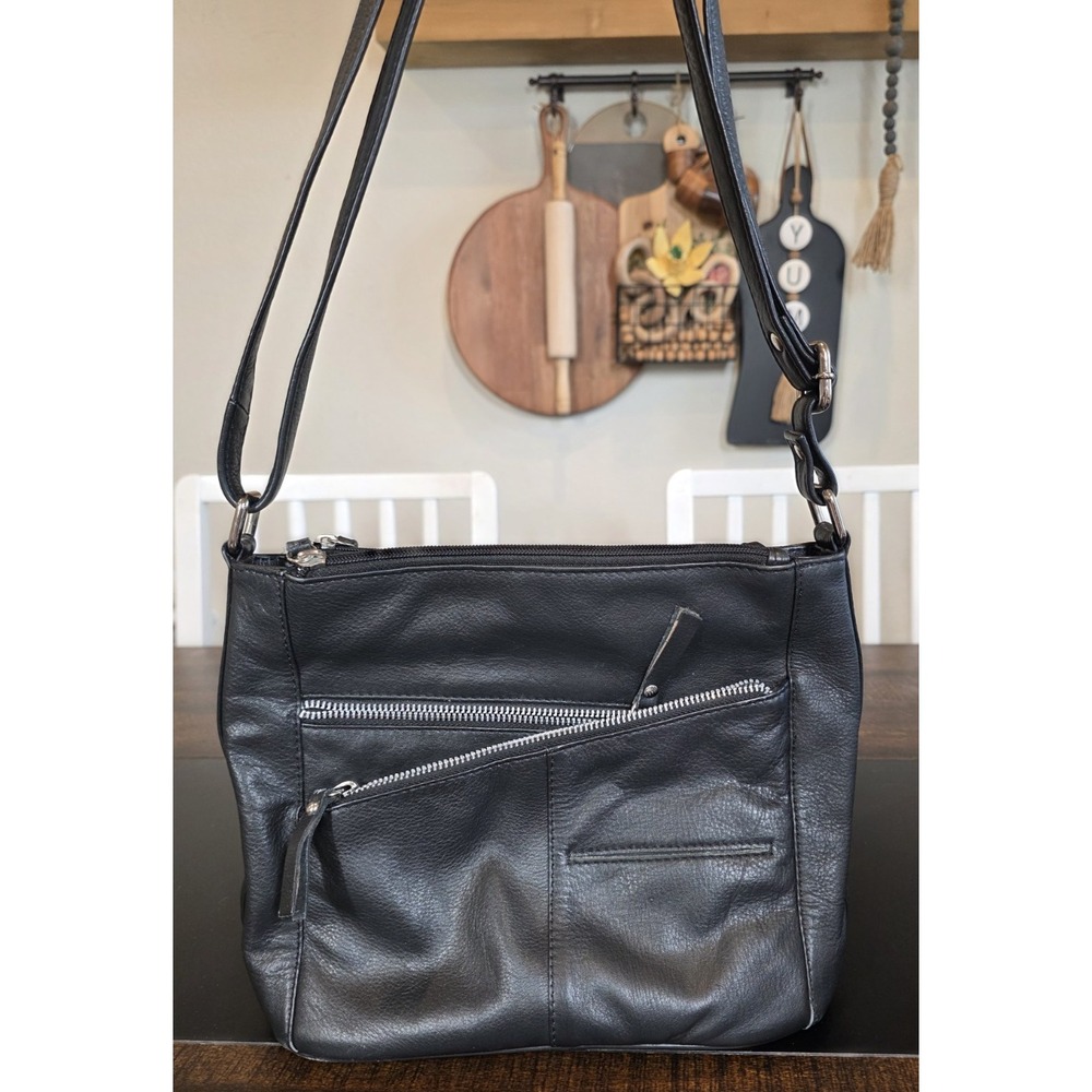 Great American Leather Works‎ Black Shoulder Bag Crossbody Multi Zipper Pocket